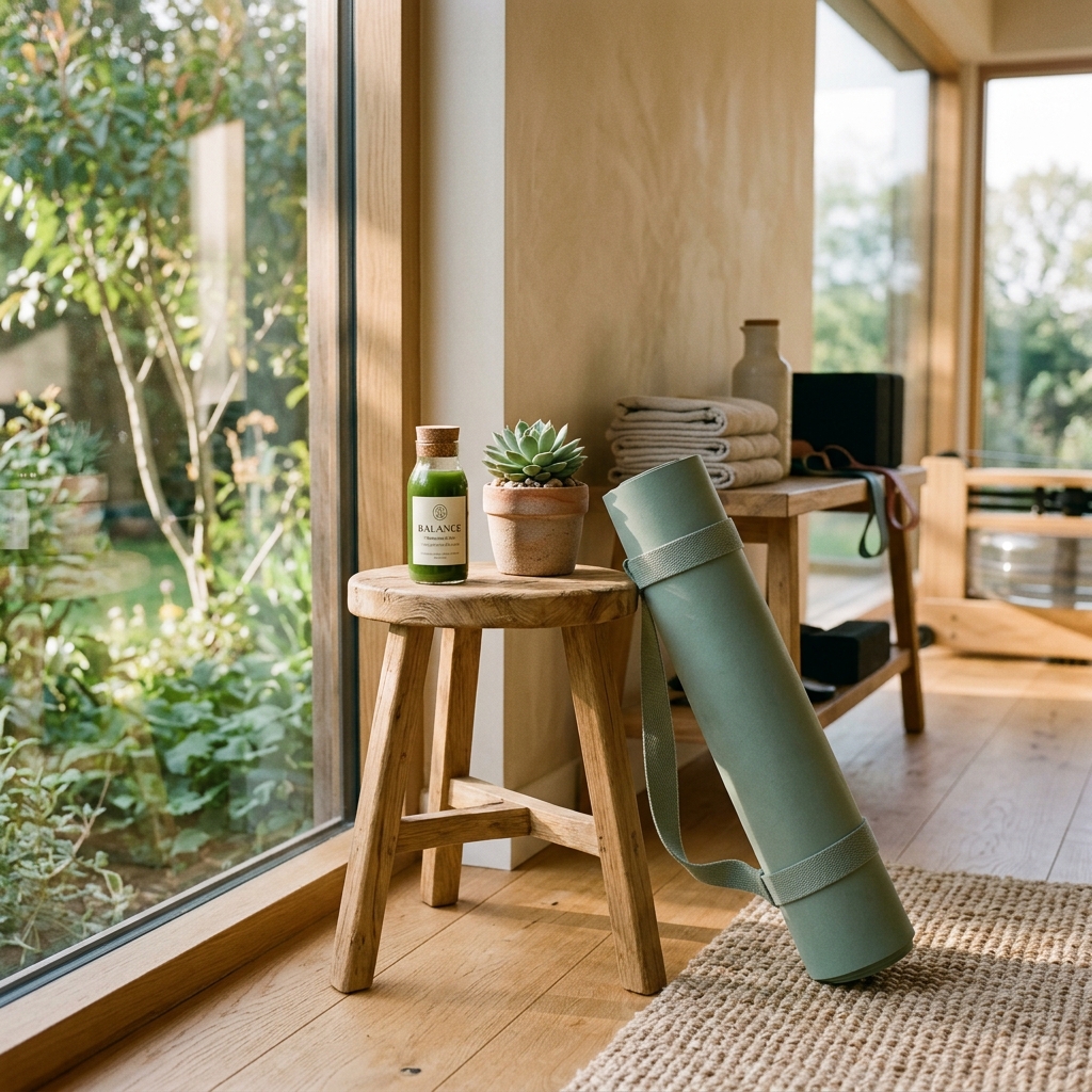 A green wellness shot glass bottle on a natural wooden stool next to a rolled-up yoga mat